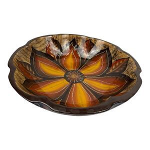 Mexican Folk Art Hand Painted Bowl Wood 13.5" Brown